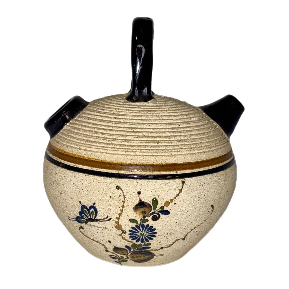 Vintage Mexican Hand Painted Clay Pottery Vessel With Flower Designs